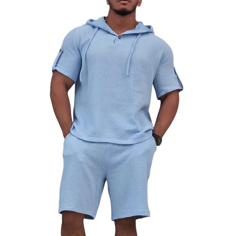 Men's Cotton And Linen Solid Color Short-Sleeved Shorts Two-Piece Set MTA1737C2X sold by Manly