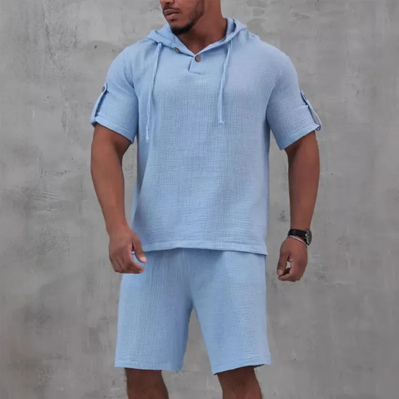 Men's Cotton And Linen Solid Color Short-Sleeved Shorts Two-Piece Set MTA1737C2X sold by Manly product image thumbnail 3