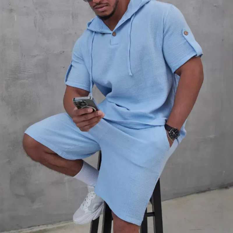 Men's Cotton And Linen Solid Color Short-Sleeved Shorts Two-Piece Set MTA1737C2X sold by Manly product image thumbnail 4