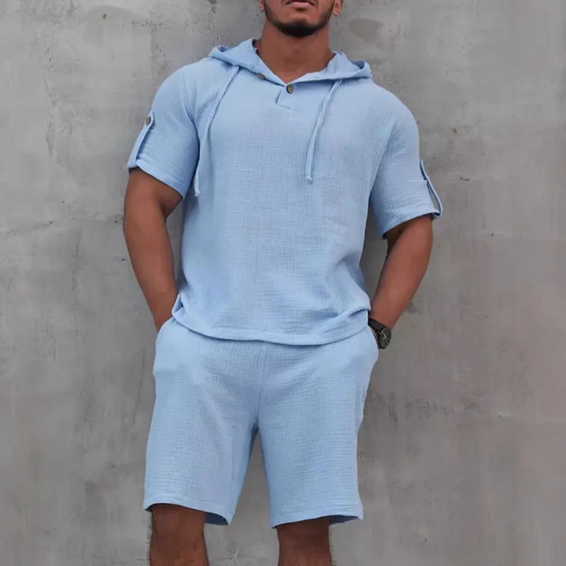 Men's Cotton And Linen Solid Color Short-Sleeved Shorts Two-Piece Set MTA1737C2X sold by Manly product image thumbnail 2
