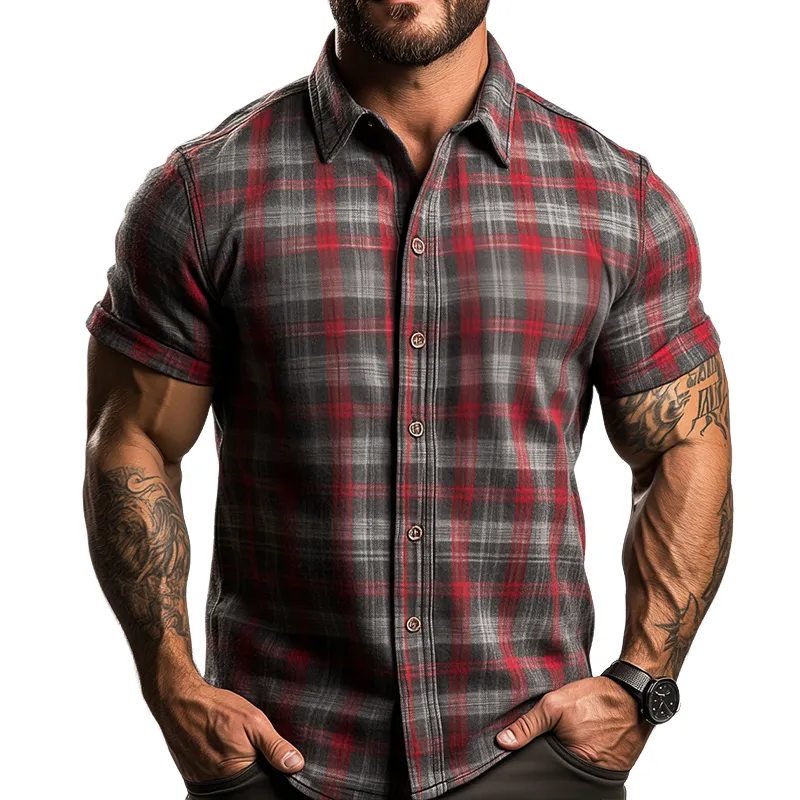 【24-hour shipping out】Men's Retro Casual Plaid Print Lapel Short Sleeve Shirt MTA1782C7TO sold by Manly