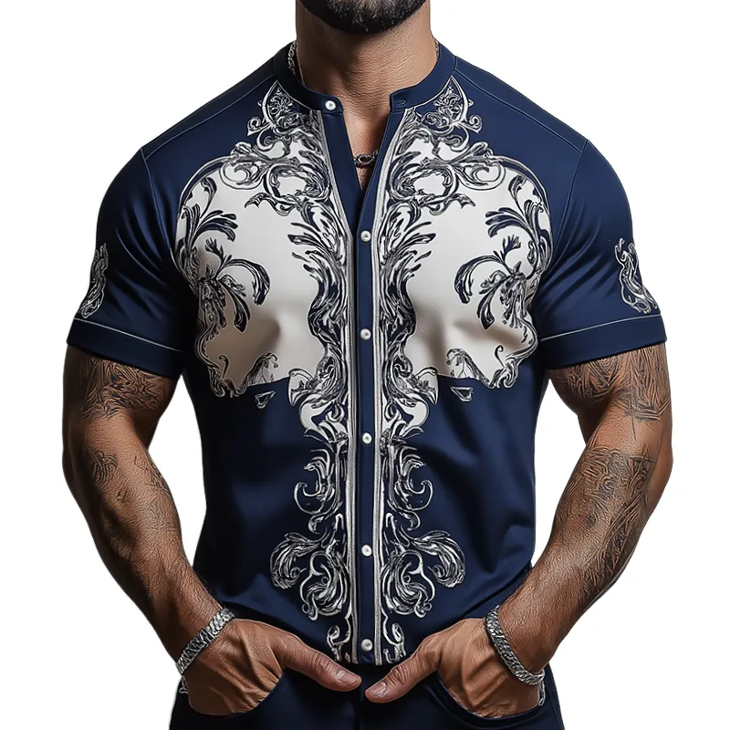 Men's Retro Casual Baroque Palace Printed Collarless Short Sleeve Shirt MTA1728C2TO sold by Manly