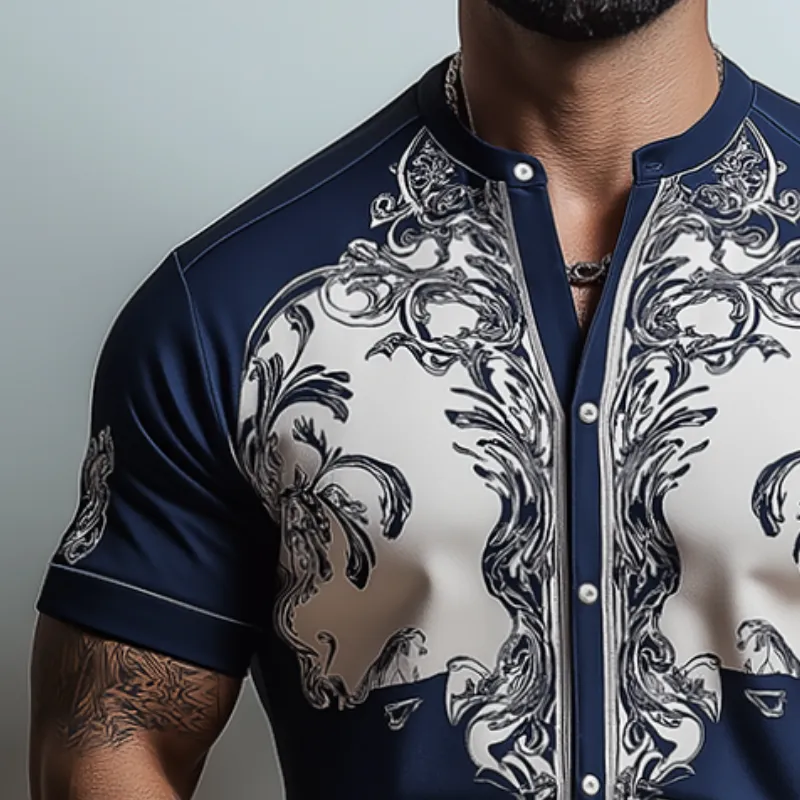 Men's Retro Casual Baroque Palace Printed Collarless Short Sleeve Shirt MTA1728C2TO sold by Manly product image thumbnail 3
