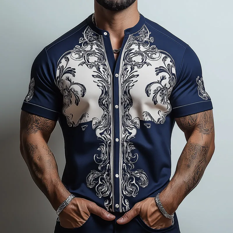 Men's Retro Casual Baroque Palace Printed Collarless Short Sleeve Shirt MTA1728C2TO sold by Manly product image thumbnail 2