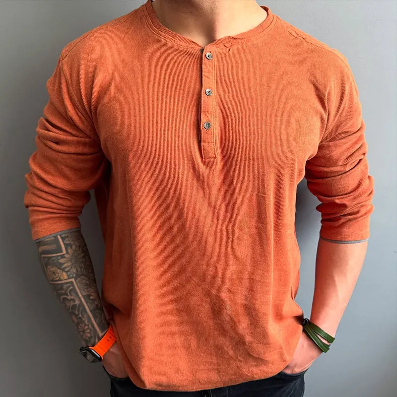 Men's Retro Casual Solid Color Henley Neck Long Sleeve T-Shirt MTA1720C0TO sold by Manly product image thumbnail 2