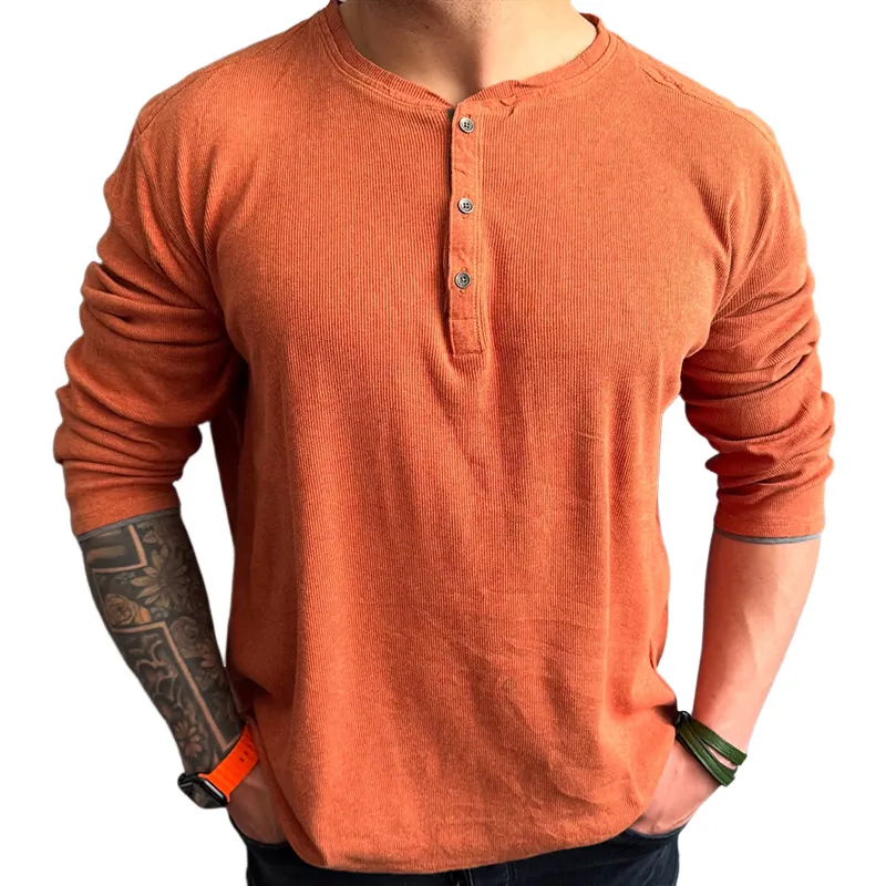 Men's Retro Casual Solid Color Henley Neck Long Sleeve T-Shirt MTA1720C0TO sold by Manly