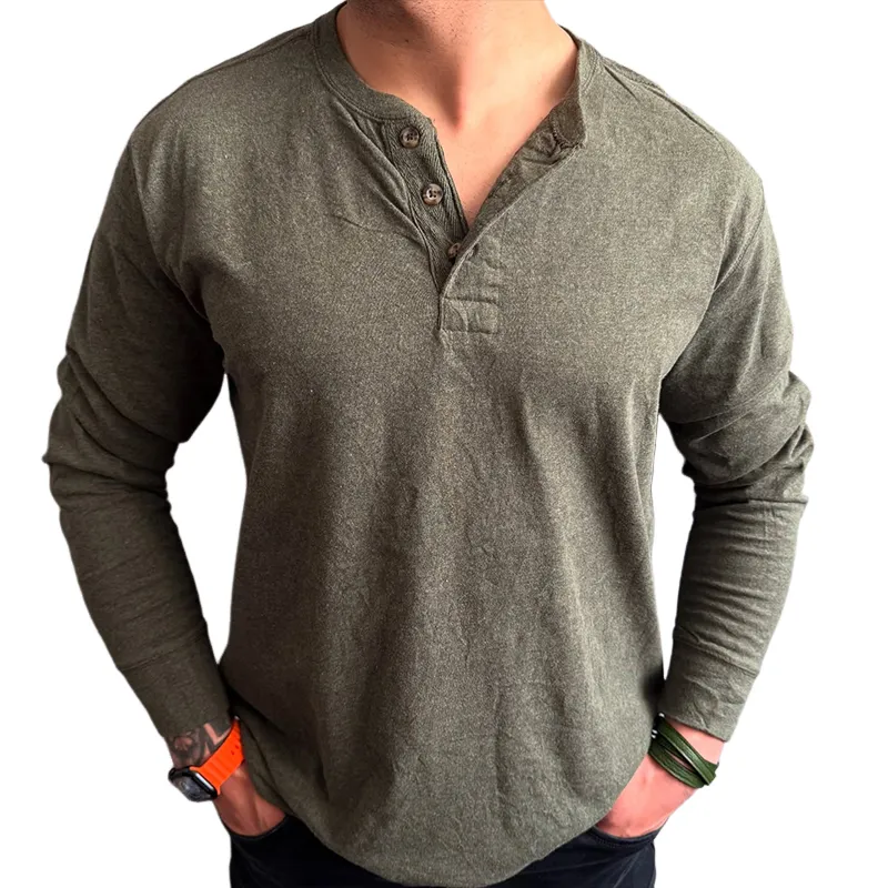 Men's Retro Casual Washed Henley Collar Long Sleeve T-Shirt MTA1735C0TO sold by Manly