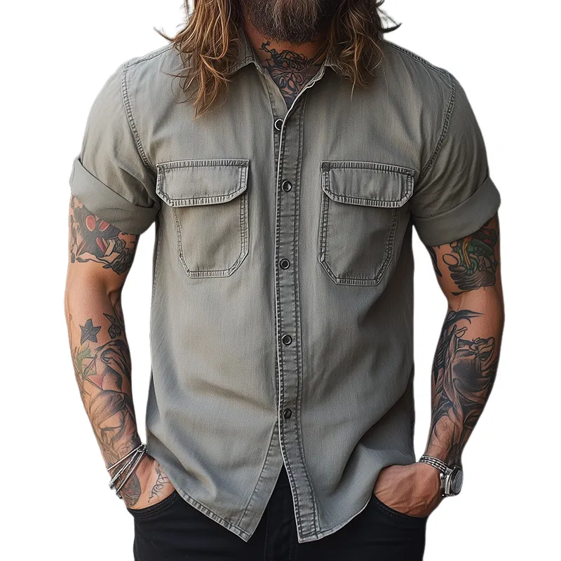Men's Retro Casual Washed Lapel Pocket Short Sleeve Shirt MTA1768C0TO sold by Manly