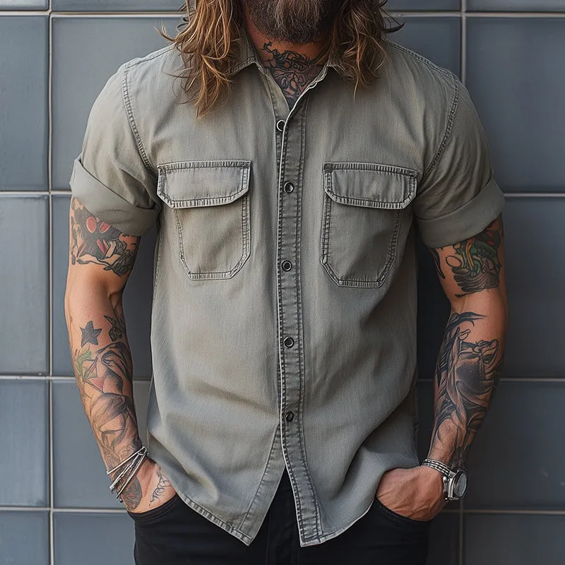 Men's Retro Casual Washed Lapel Pocket Short Sleeve Shirt MTA1768C0TO sold by Manly product image thumbnail 2