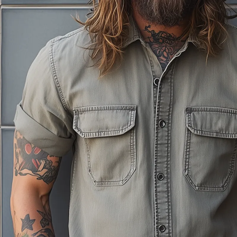 Men's Retro Casual Washed Lapel Pocket Short Sleeve Shirt MTA1768C0TO sold by Manly product image thumbnail 3