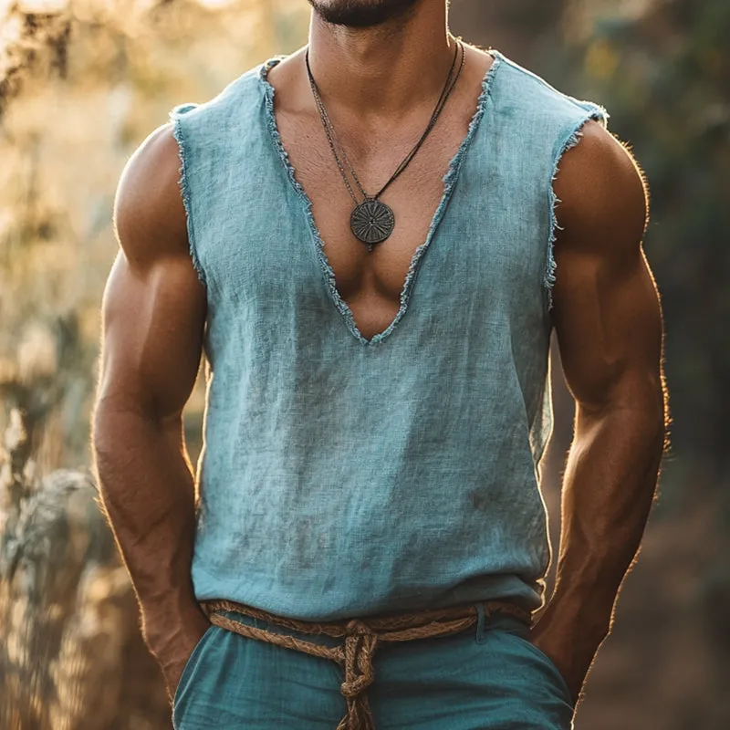 Men's Retro Casual Linen Ripped V-Neck Tank Top MTA1728C1TO sold by Manly product image thumbnail 2