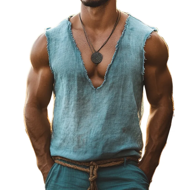 Men's Retro Casual Linen Ripped V-Neck Tank Top MTA1728C1TO sold by Manly