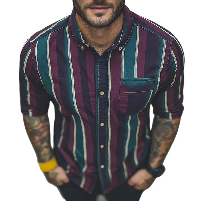 Men's Retro Casual Striped Print Lapel Long Sleeve Shirt MTA1733C6TO sold by Manly