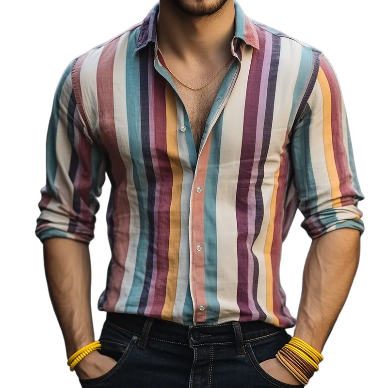 Men's Retro Casual Striped Print Lapel Long Sleeve Shirt MTA1799C3TO sold by Manly