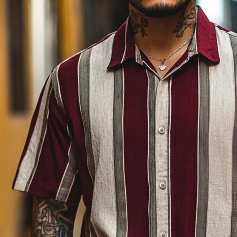 Men's Retro Casual Linen Stripe Print Lapel Short Sleeve Shirt MTA1709C6TO sold by Manly product image thumbnail 3