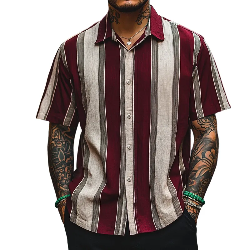 Men's Retro Casual Linen Stripe Print Lapel Short Sleeve Shirt MTA1709C6TO sold by Manly