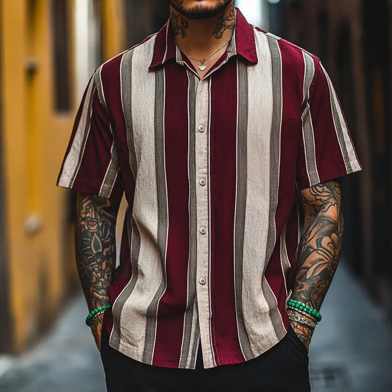 Men's Retro Casual Linen Stripe Print Lapel Short Sleeve Shirt MTA1709C6TO sold by Manly product image thumbnail 2