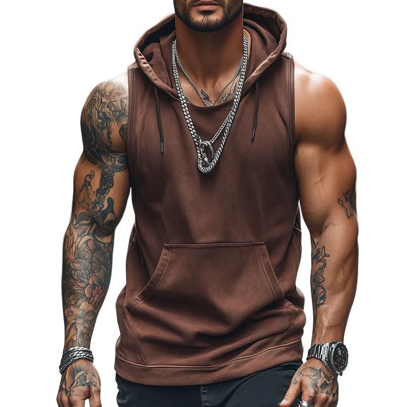 Men's Retro Casual Solid Color Sports Hooded Tank Top MTA1719C3TO sold by Manly