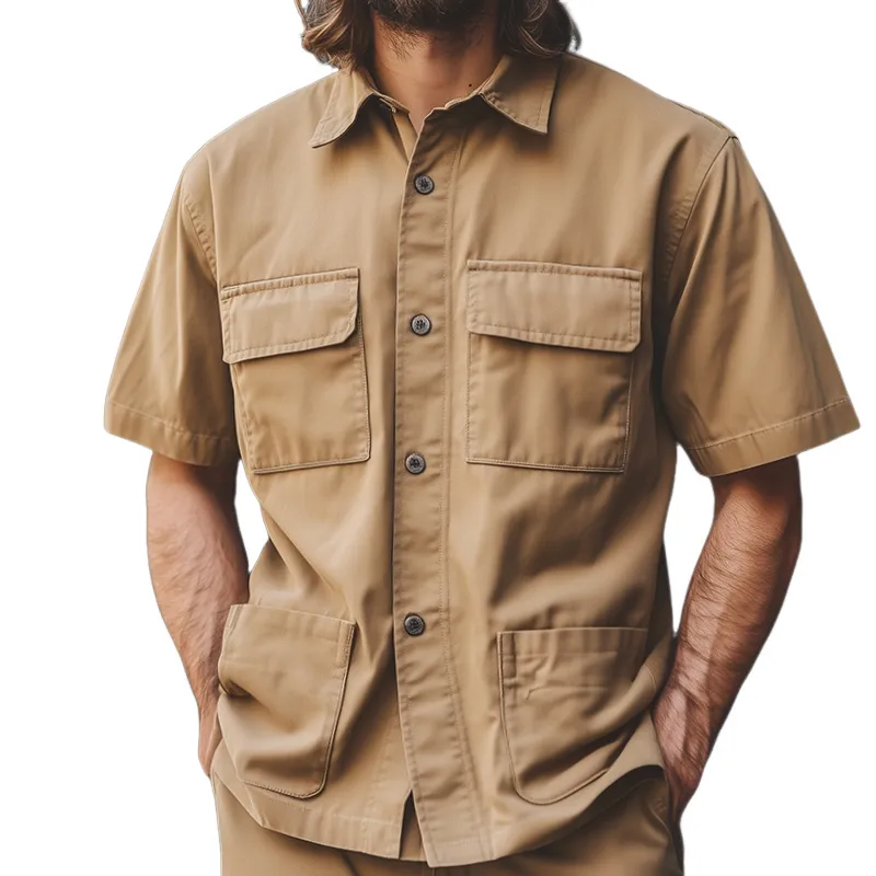 Men's Retro Casual Multi-Pocket Workwear Lapel Short Sleeve Shirt MTA1746C9TO sold by Manly