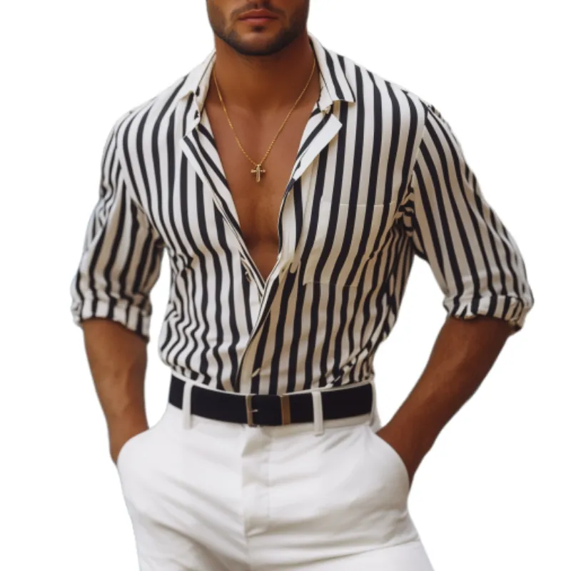 Men's Spring and Summer Fashion Vertical Striped Long Sleeve Shirt MTA1778C1K sold by Manly