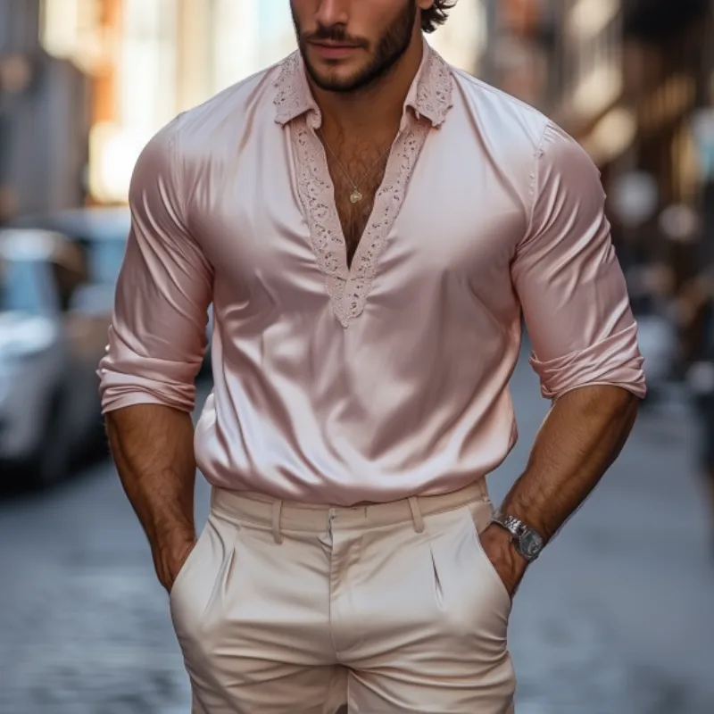 Men's Fashion Casual Slim Fit Lace and Satin Splicing Deep V Neck Long Sleeve Shirt MTA1779C0K sold by Manly product image thumbnail 2