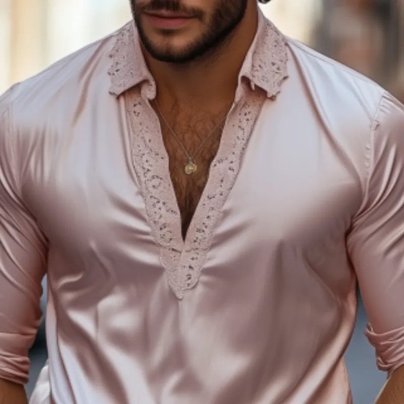 Men's Fashion Casual Slim Fit Lace and Satin Splicing Deep V Neck Long Sleeve Shirt MTA1779C0K sold by Manly product image thumbnail 4