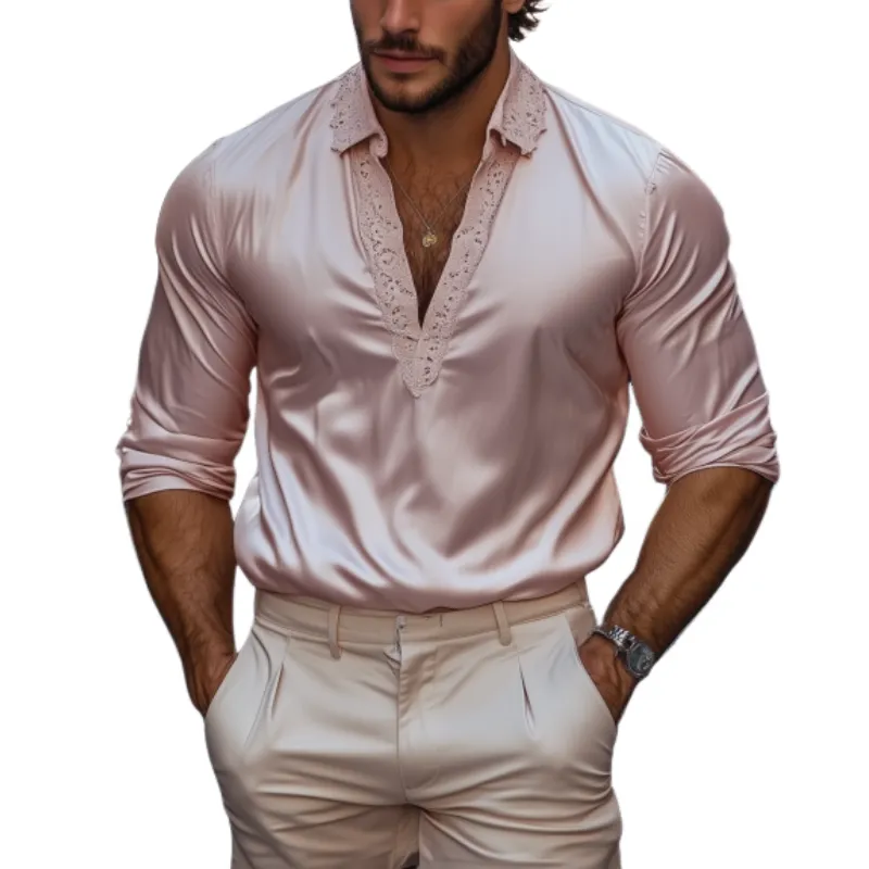Men's Fashion Casual Slim Fit Lace and Satin Splicing Deep V Neck Long Sleeve Shirt MTA1779C0K sold by Manly