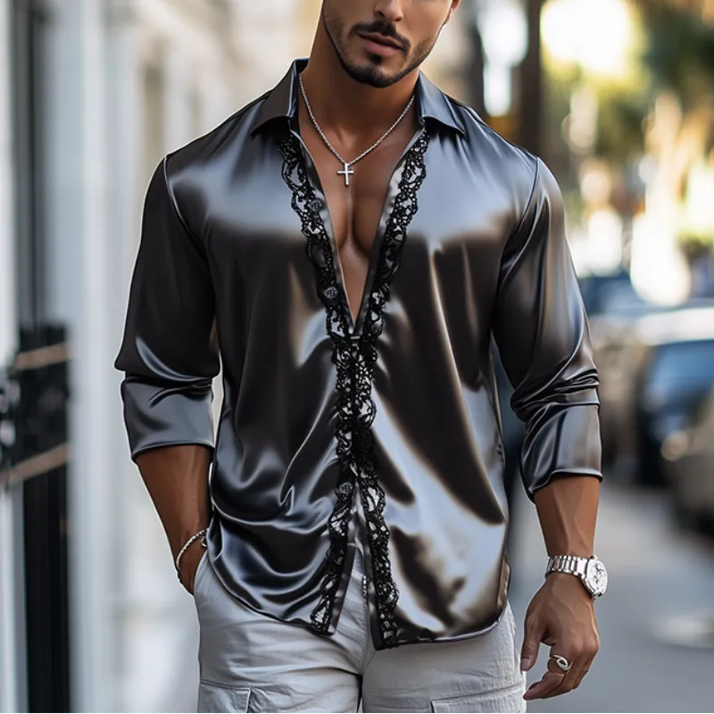 Men's Fashion Casual Lace and Satin Stitching Long Sleeve Shirt MTA1747C6K sold by Manly product image thumbnail 2