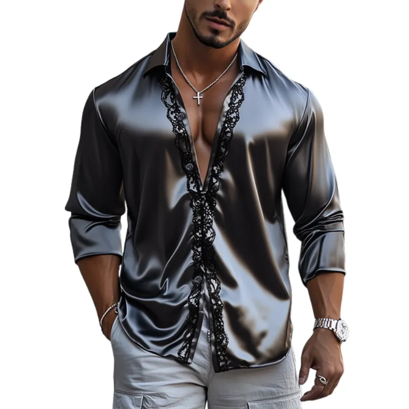 Men's Fashion Casual Lace and Satin Stitching Long Sleeve Shirt MTA1747C6K sold by Manly