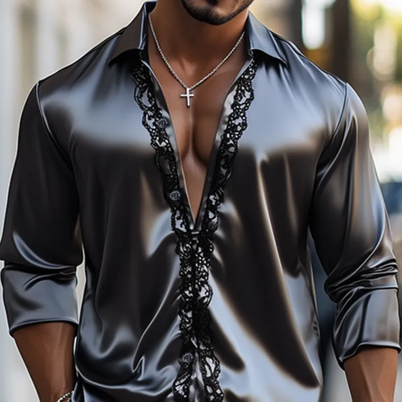 Men's Fashion Casual Lace and Satin Stitching Long Sleeve Shirt MTA1747C6K sold by Manly product image thumbnail 3