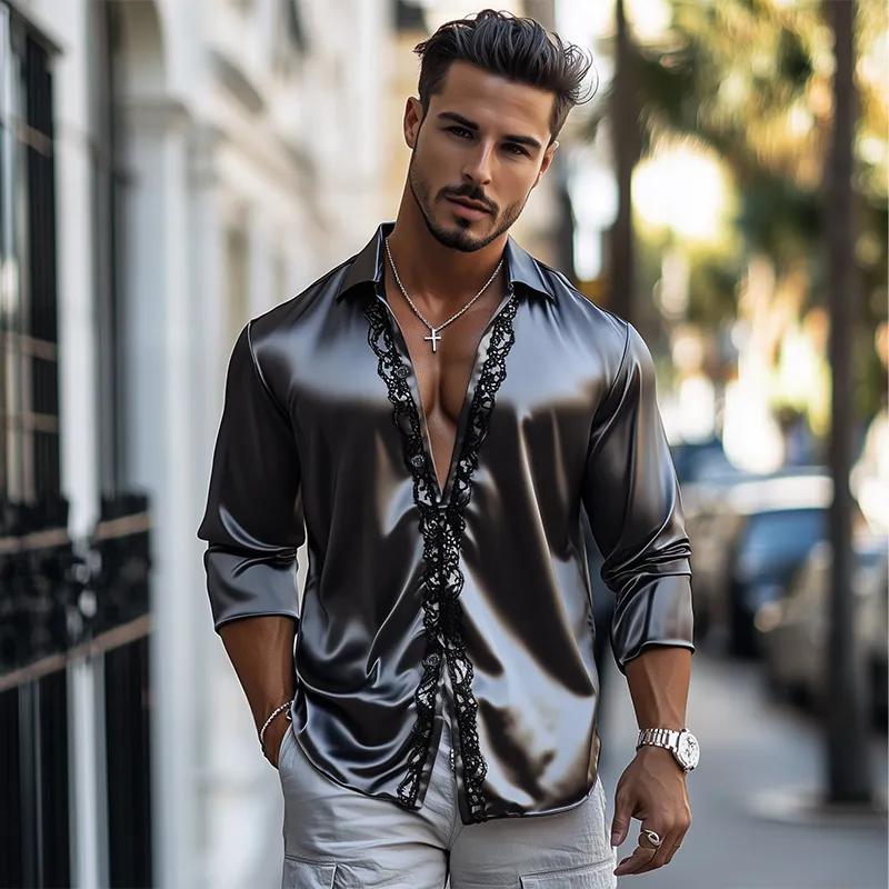 Men's Fashion Casual Lace and Satin Stitching Long Sleeve Shirt MTA1747C6K sold by Manly product image thumbnail 4