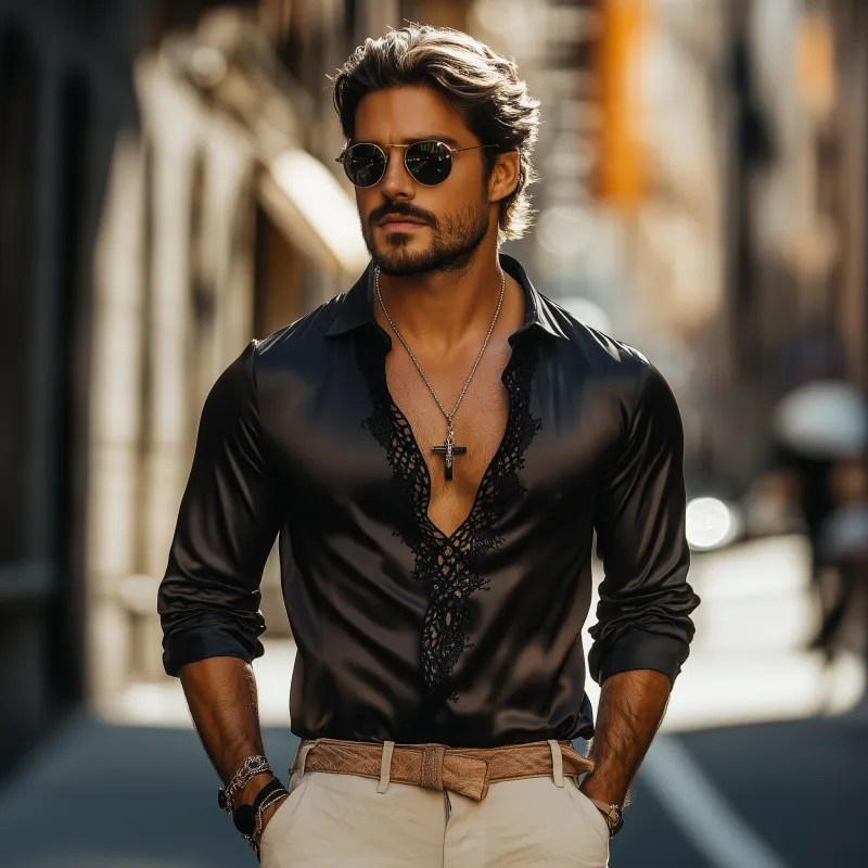 Men's Casual Slim Fit Sexy Lace and Satin Stitching Deep V Neck Long Sleeve Shirt MTA1711C8K sold by Manly product image thumbnail 3