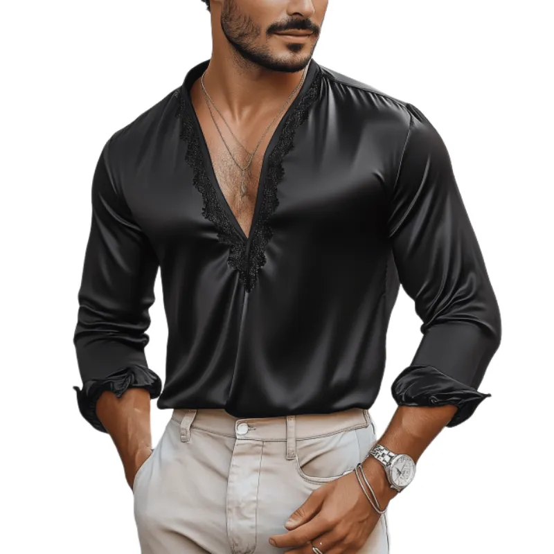 Men's Casual Sexy Lace and Satin Stitching Deep V Neck Long Sleeve Shirt MTA1732C2K sold by Manly
