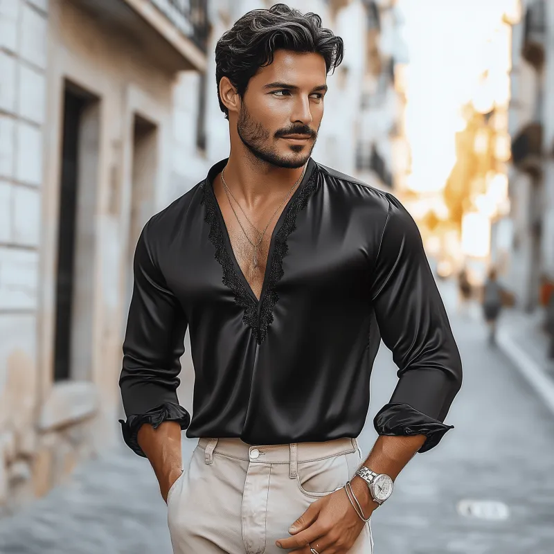 Men's Casual Sexy Lace and Satin Stitching Deep V Neck Long Sleeve Shirt MTA1732C2K sold by Manly product image thumbnail 3