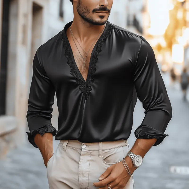 Men's Casual Sexy Lace and Satin Stitching Deep V Neck Long Sleeve Shirt MTA1732C2K sold by Manly product image thumbnail 2