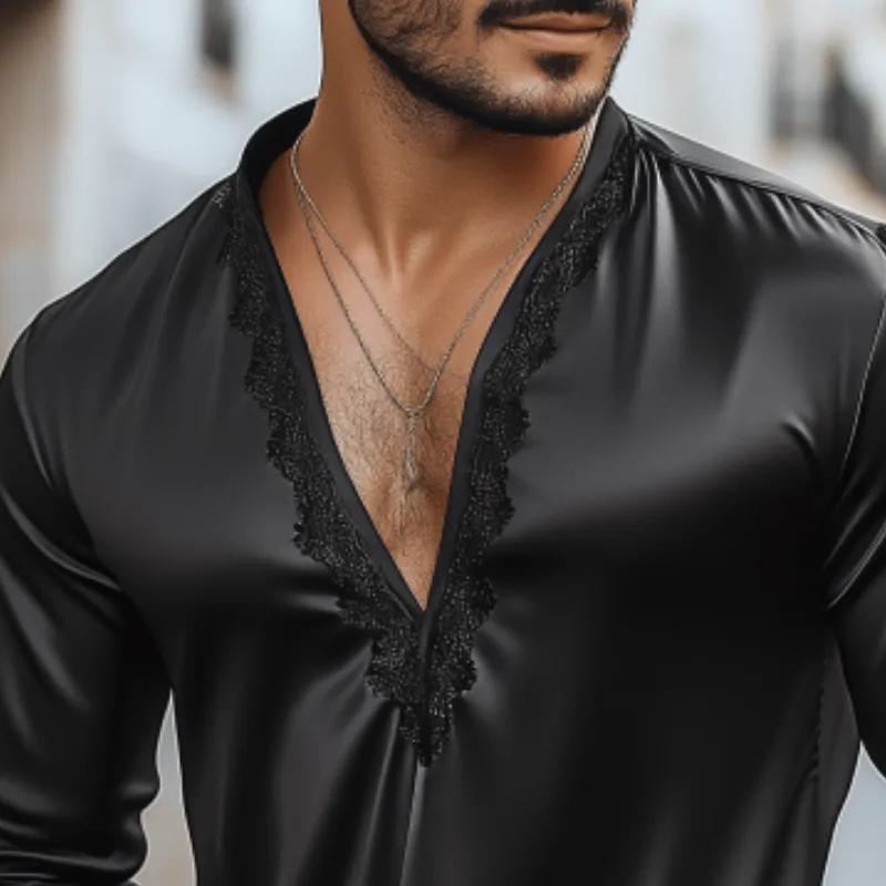 Men's Casual Sexy Lace and Satin Stitching Deep V Neck Long Sleeve Shirt MTA1732C2K sold by Manly product image thumbnail 4