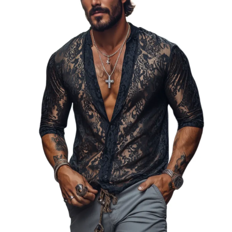 Men's Fashion Sexy Lace and Satin Deep V Neck Long Sleeve Shirt MTA1733C6K sold by Manly