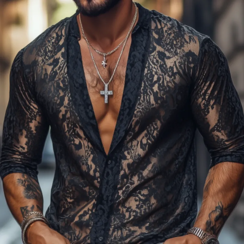 Men's Fashion Sexy Lace and Satin Deep V Neck Long Sleeve Shirt MTA1733C6K sold by Manly product image thumbnail 4