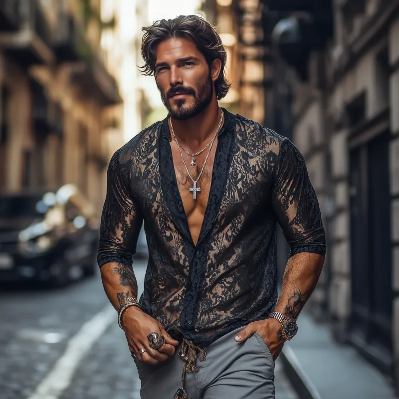 Men's Fashion Sexy Lace and Satin Deep V Neck Long Sleeve Shirt MTA1733C6K sold by Manly product image thumbnail 3