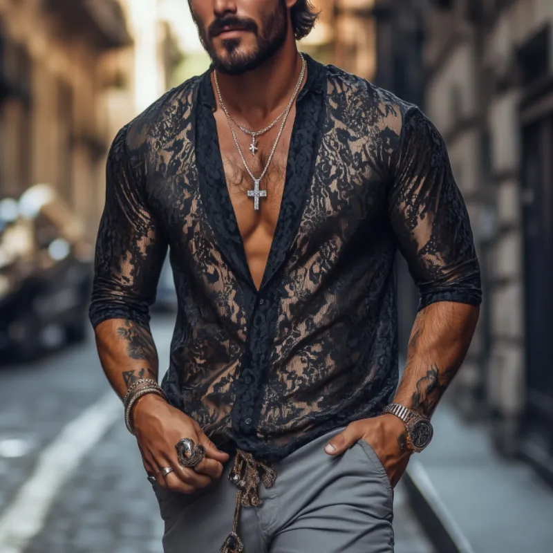 Men's Fashion Sexy Lace and Satin Deep V Neck Long Sleeve Shirt MTA1733C6K sold by Manly product image thumbnail 2