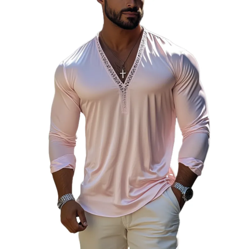 Men's Fashion Casual Sexy Lace and Satin Splicing Deep V Neck Long Sleeve T-Shirt MTA1765C8K sold by Manly