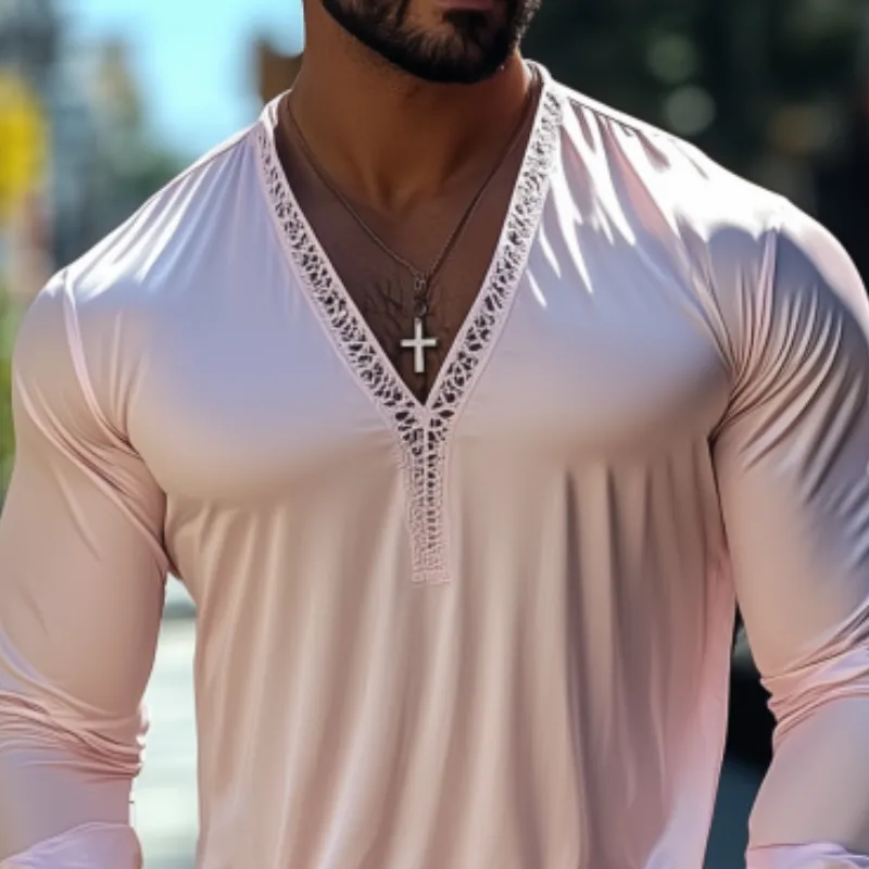 Men's Fashion Casual Sexy Lace and Satin Splicing Deep V Neck Long Sleeve T-Shirt MTA1765C8K sold by Manly product image thumbnail 4