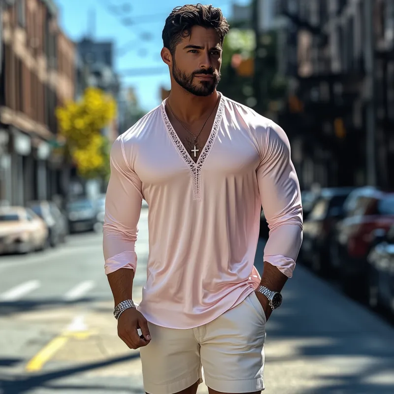 Men's Fashion Casual Sexy Lace and Satin Splicing Deep V Neck Long Sleeve T-Shirt MTA1765C8K sold by Manly product image thumbnail 3