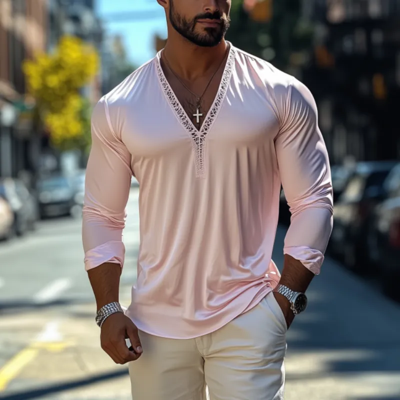 Men's Fashion Casual Sexy Lace and Satin Splicing Deep V Neck Long Sleeve T-Shirt MTA1765C8K sold by Manly product image thumbnail 2