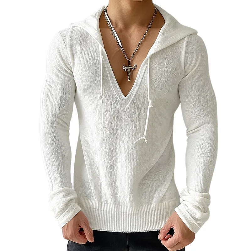 Men's Solid Knit Hooded V Neck Long Sleeve Sweater MTA1404C7Z sold by Manly