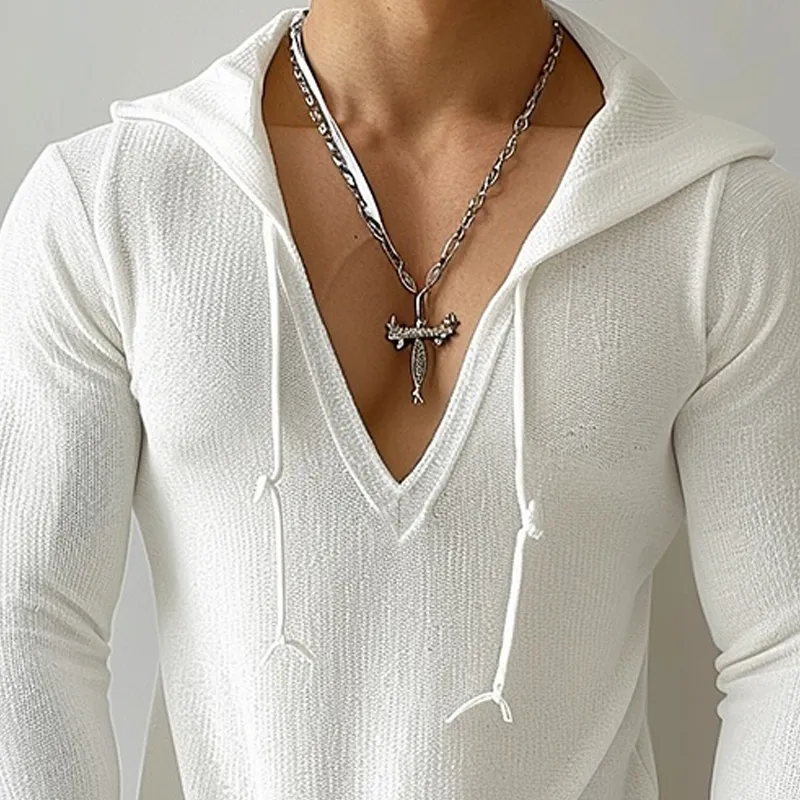 Men's Solid Knit Hooded V Neck Long Sleeve Sweater MTA1404C7Z sold by Manly product image thumbnail 3