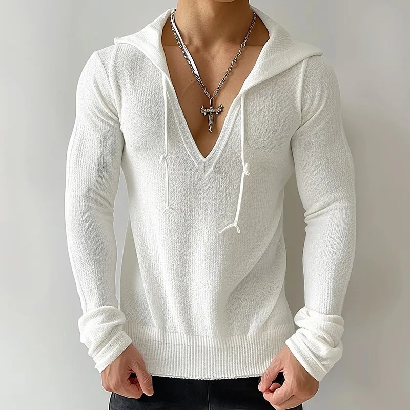 Men's Solid Knit Hooded V Neck Long Sleeve Sweater MTA1404C7Z sold by Manly product image thumbnail 2
