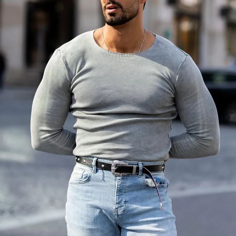 Men's Fashion Washed Striped Round Neck Long Sleeve T-shirt MTA1836C0Z sold by Manly product image thumbnail 2