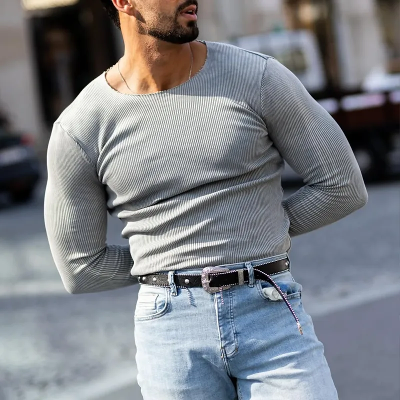 Men's Fashion Washed Striped Round Neck Long Sleeve T-shirt MTA1836C0Z sold by Manly product image thumbnail 3