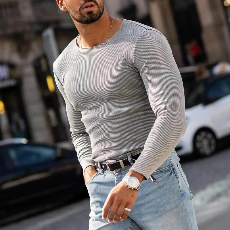 Men's Fashion Washed Striped Round Neck Long Sleeve T-shirt MTA1836C0Z sold by Manly product image thumbnail 4